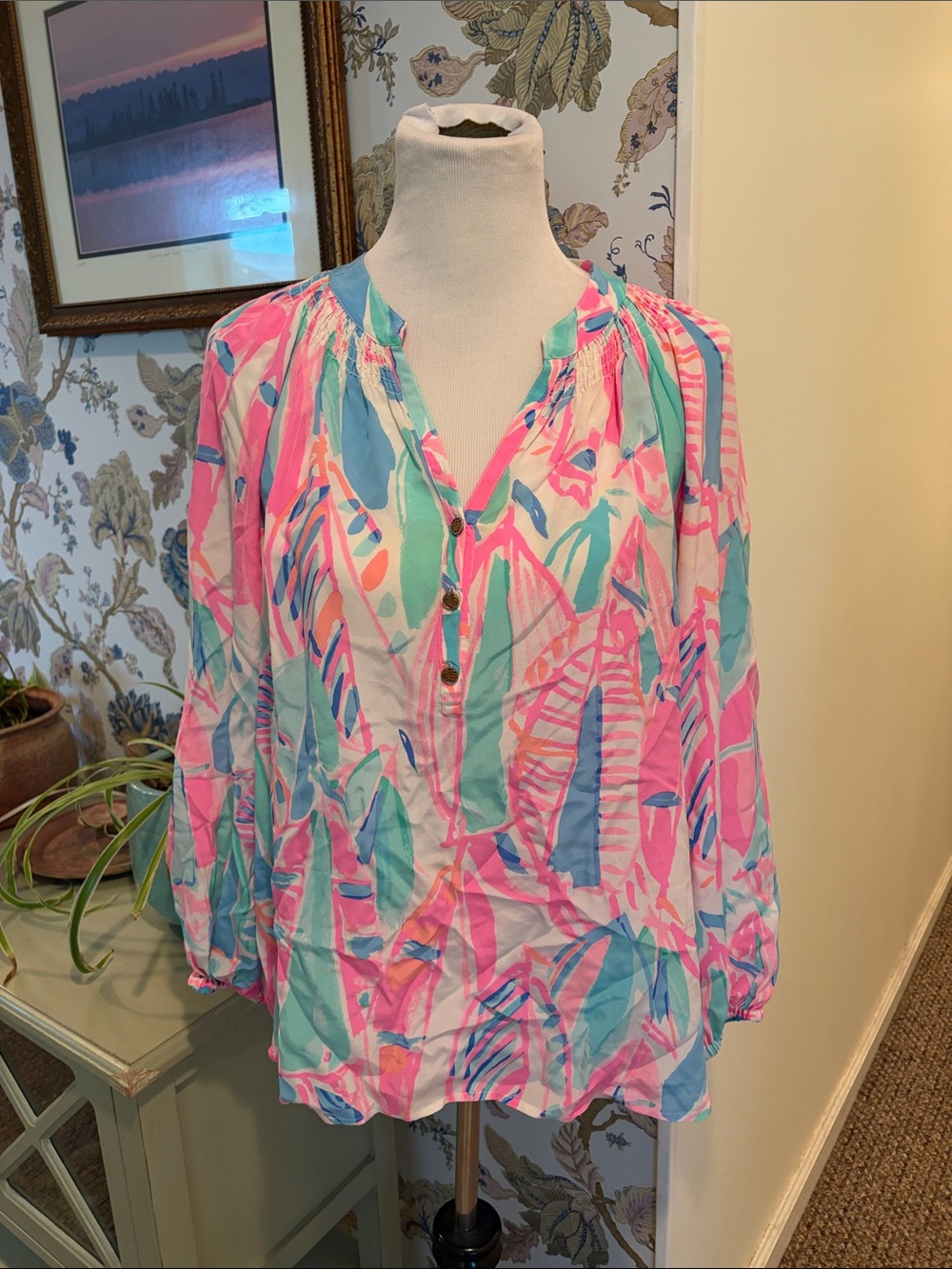 Lilly Pulitzer Out to Sea Sailboat Print Silk Blouse in Pink & Aqua